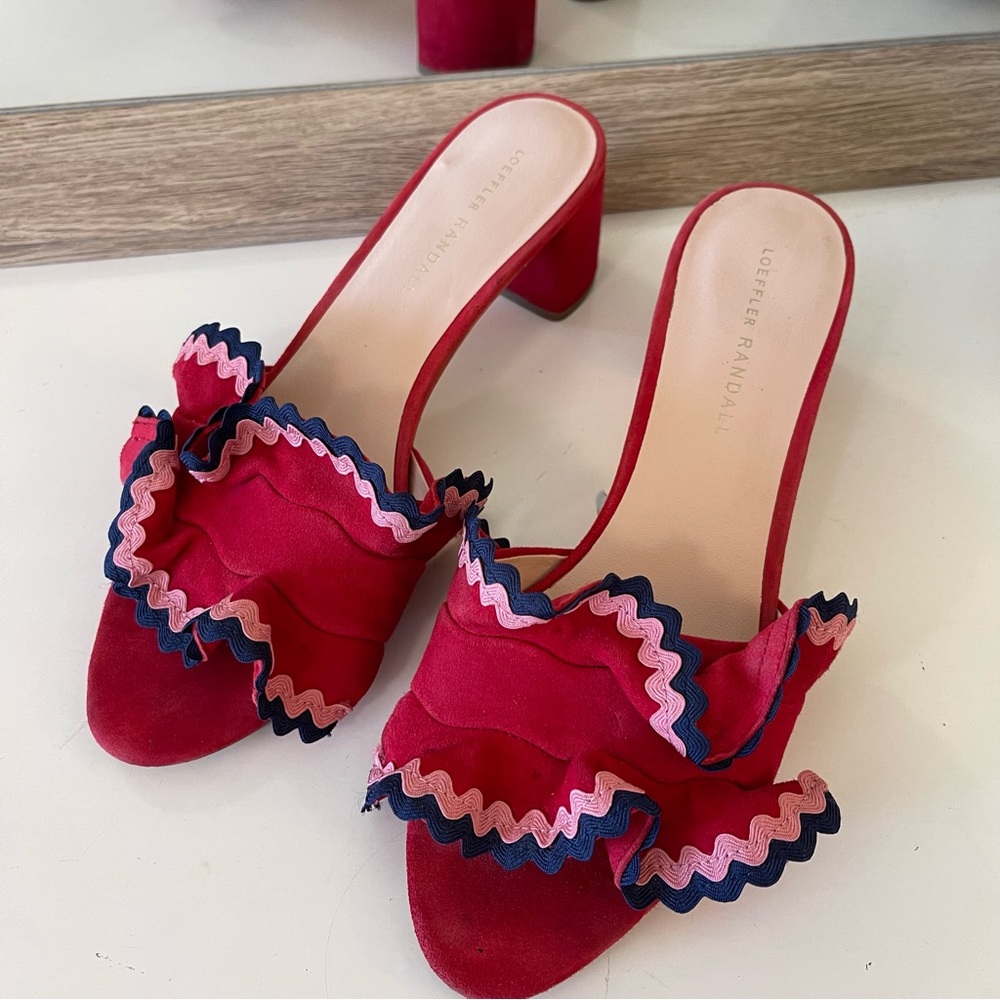 LOEFFLER RANDALL Vera City Red Suede Ruffle Slide Sandals - Picture 5 of 15
